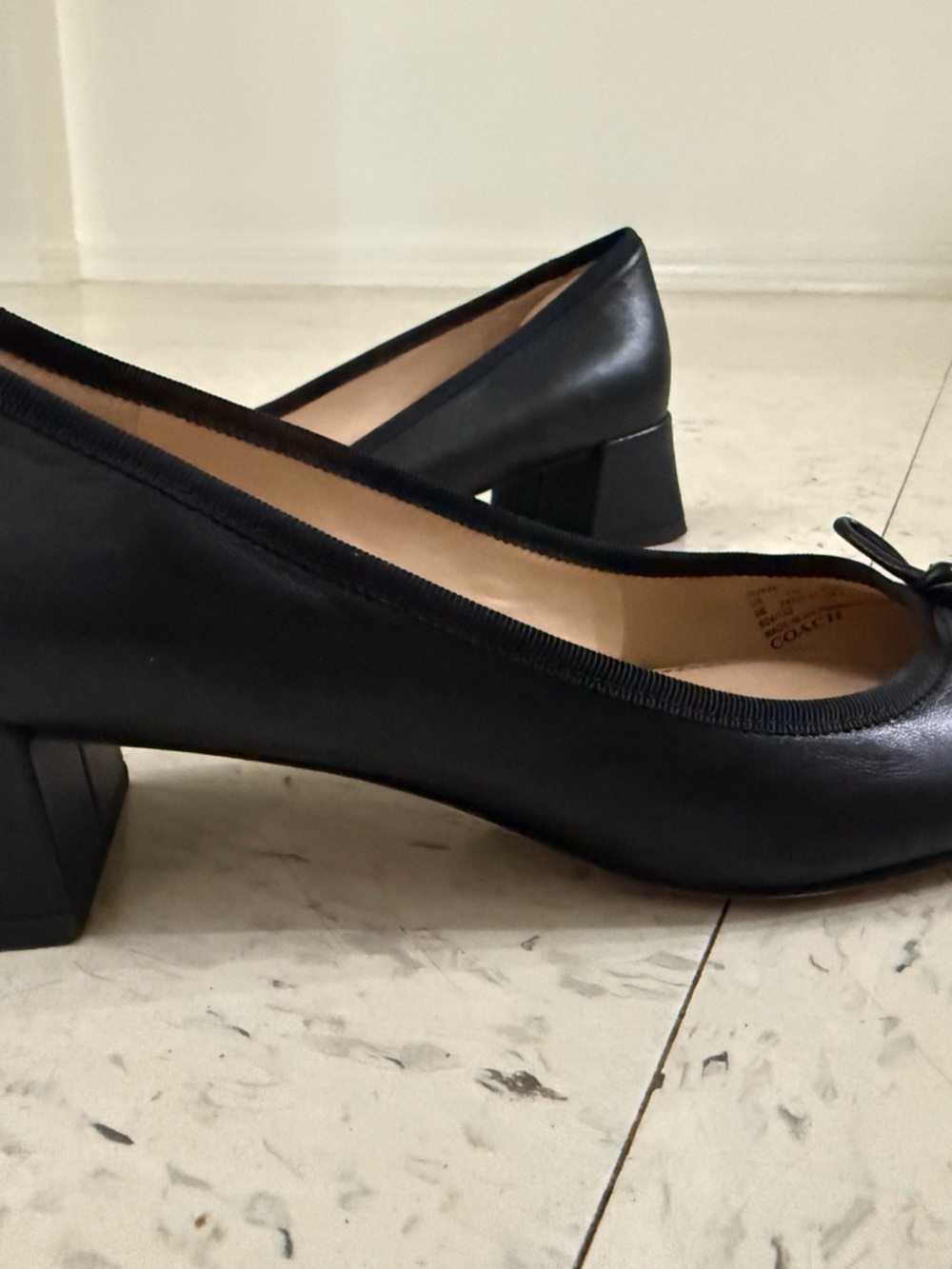 Coach Black Leather Ballet Heels with Bow and Gold 'C' Accent - Picture 6 of 9